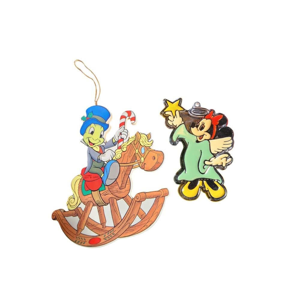 Disney Vintage Pair Of Minnie Mouse & Jiminy Cricket Christmas Ornaments